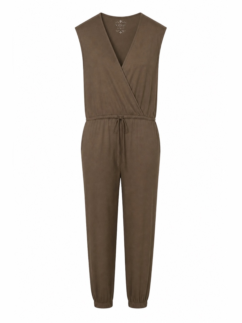 Velvet Olive Brown Sleeveless Faux Wrap Jogger Jumpsuit. Sz M